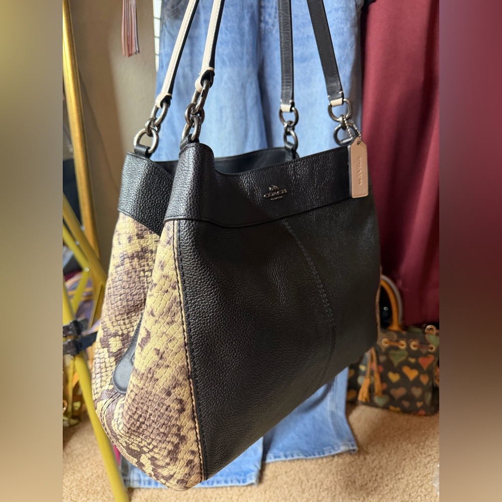 Coach Black Pebbled Leather Snake Trim Tote F57505 Shoulder Bag Python Accent 🖤🐍 - Picture 10 of 17
